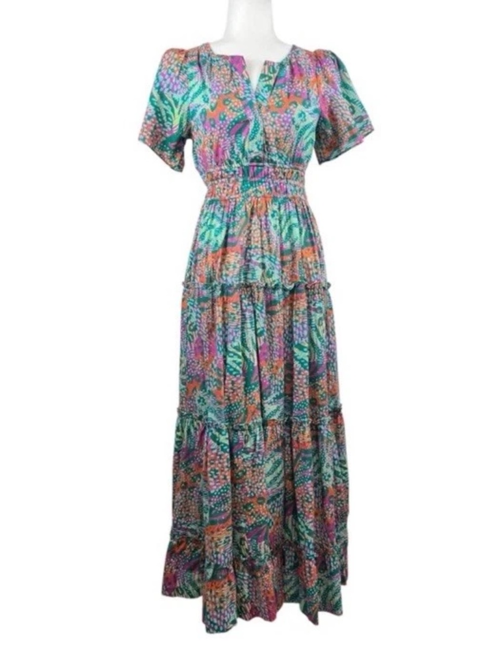 Smocked Waist Tiered Maxi Dress in Multicolor Print
